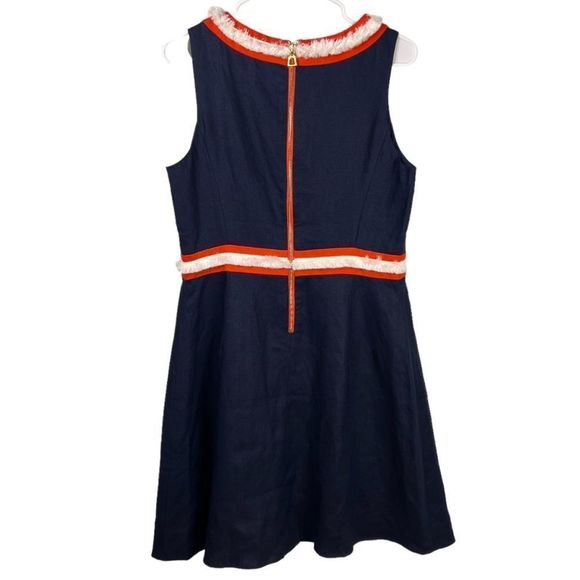 Sail to Sable Raw Trim Details Blue Red Linen Dress Size 10 - Picture 2 of 12